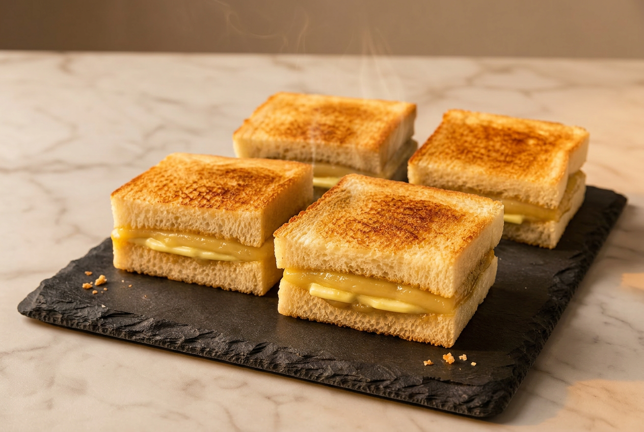 Two slices of golden kaya toast with pandan jam and a slab of butter